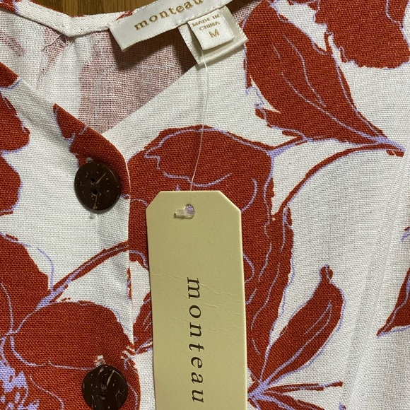 NWT Monteau Linen Blend Floral Button Front Midi Dress Size M Cottagecore Summer - Picture 2 of 7